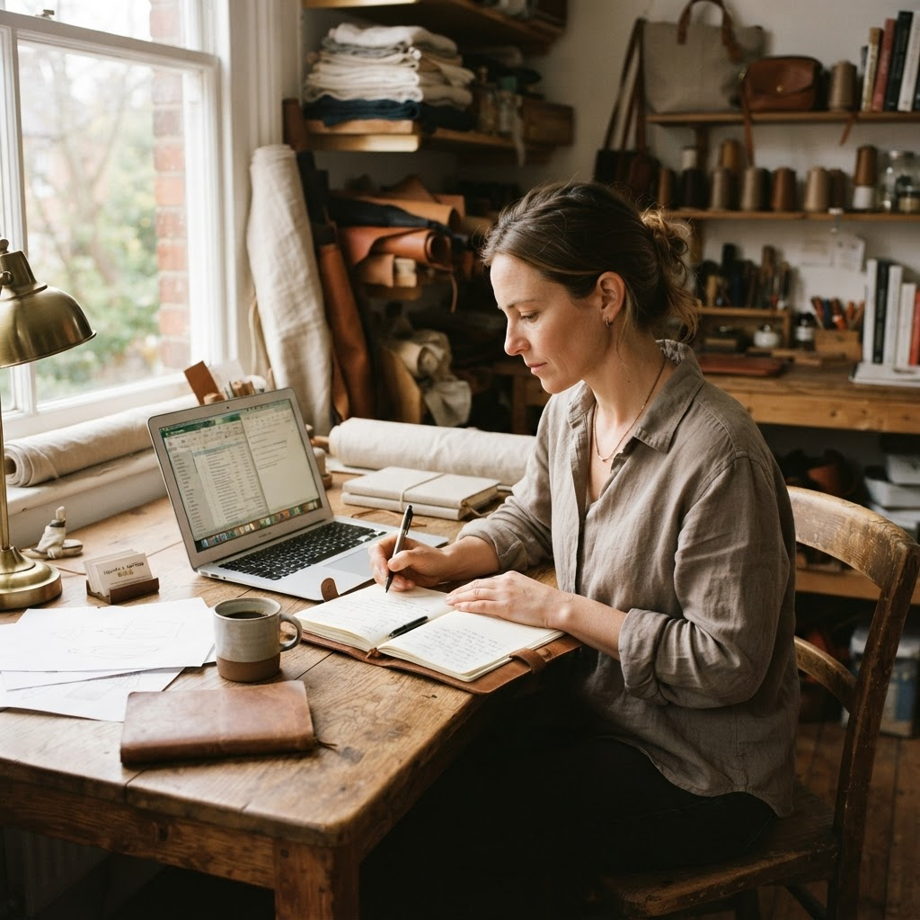 A small-business founder working at a warm wooden desk